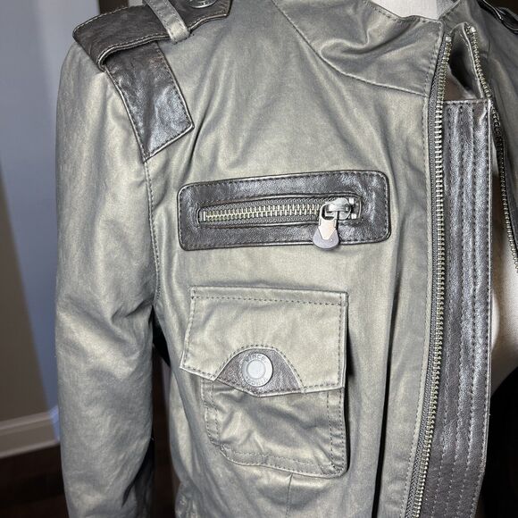 Vince Army Green Gray Waxed Cotton Leather Trim Utility Jacket Size Sm Epaulette - Picture 5 of 14
